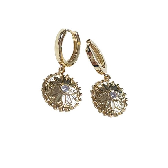 14k Gold Plated Evil Eye Huggie Dangle Earrings - Picture 2 of 6